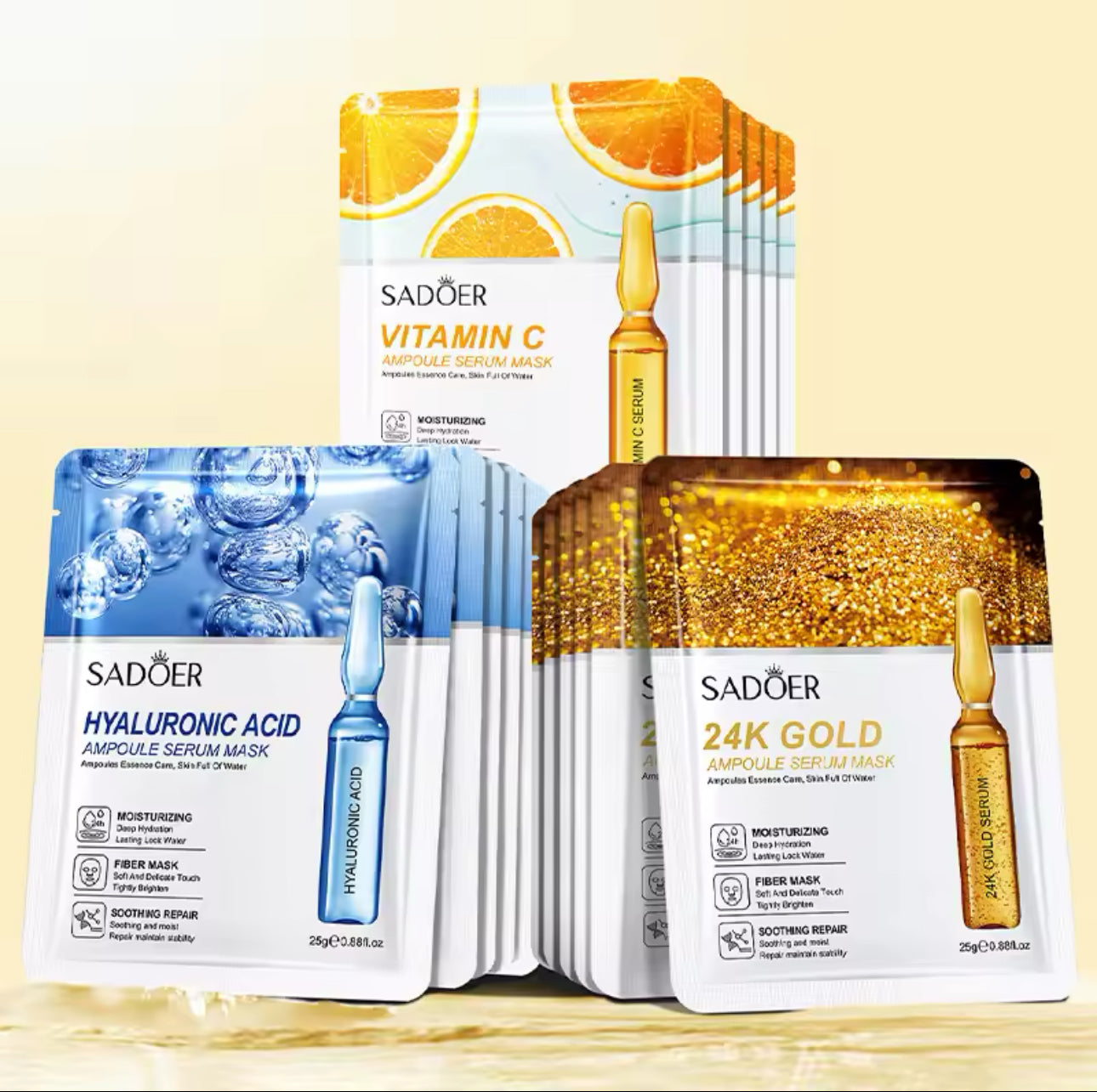3PCS Sheet Mask Set Hyaluronic Acid Serum, Vitamin C Serum & 24KGold Mask