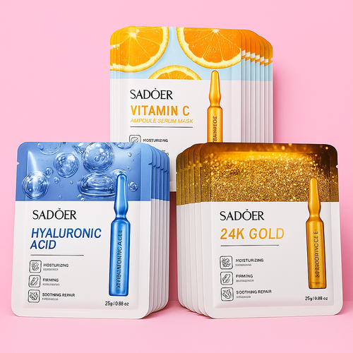3PCS Sheet Mask Set Hyaluronic Acid Serum, Vitamin C Serum & 24KGold Mask